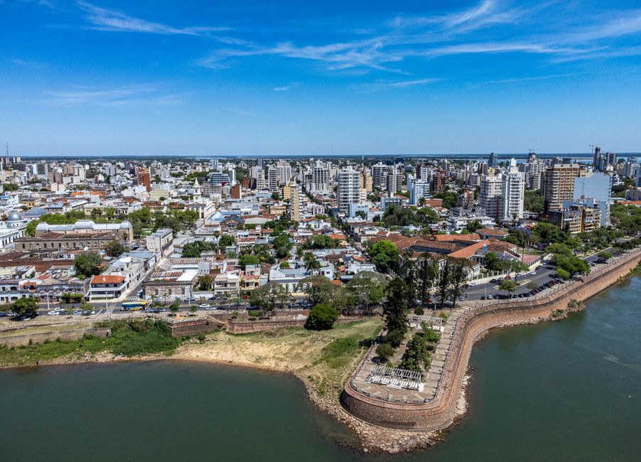 Stunning aerial view of Corrientes, Argentina, showcasing city skyline and scenic waterfront.